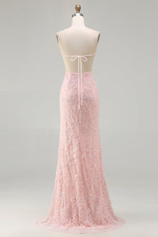 Sparkly Floral Pink Mermaid Long Beaded Prom Dress with Slit