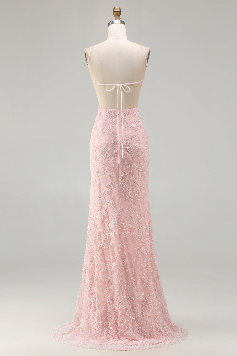 Load image into Gallery viewer, Sparkly Floral Pink Mermaid Long Beaded Prom Dress with Slit