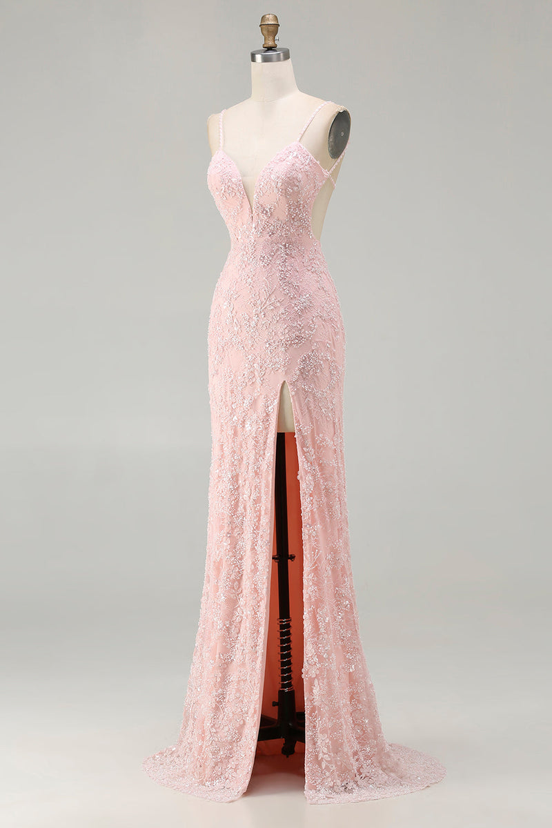 Load image into Gallery viewer, Sparkly Floral Pink Mermaid Long Beaded Prom Dress with Slit