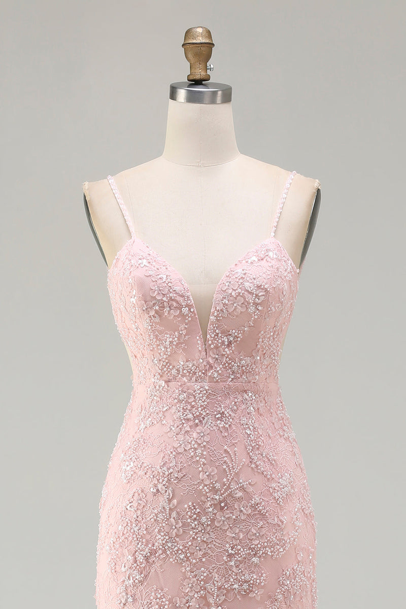 Load image into Gallery viewer, Sparkly Floral Pink Mermaid Long Beaded Prom Dress with Slit