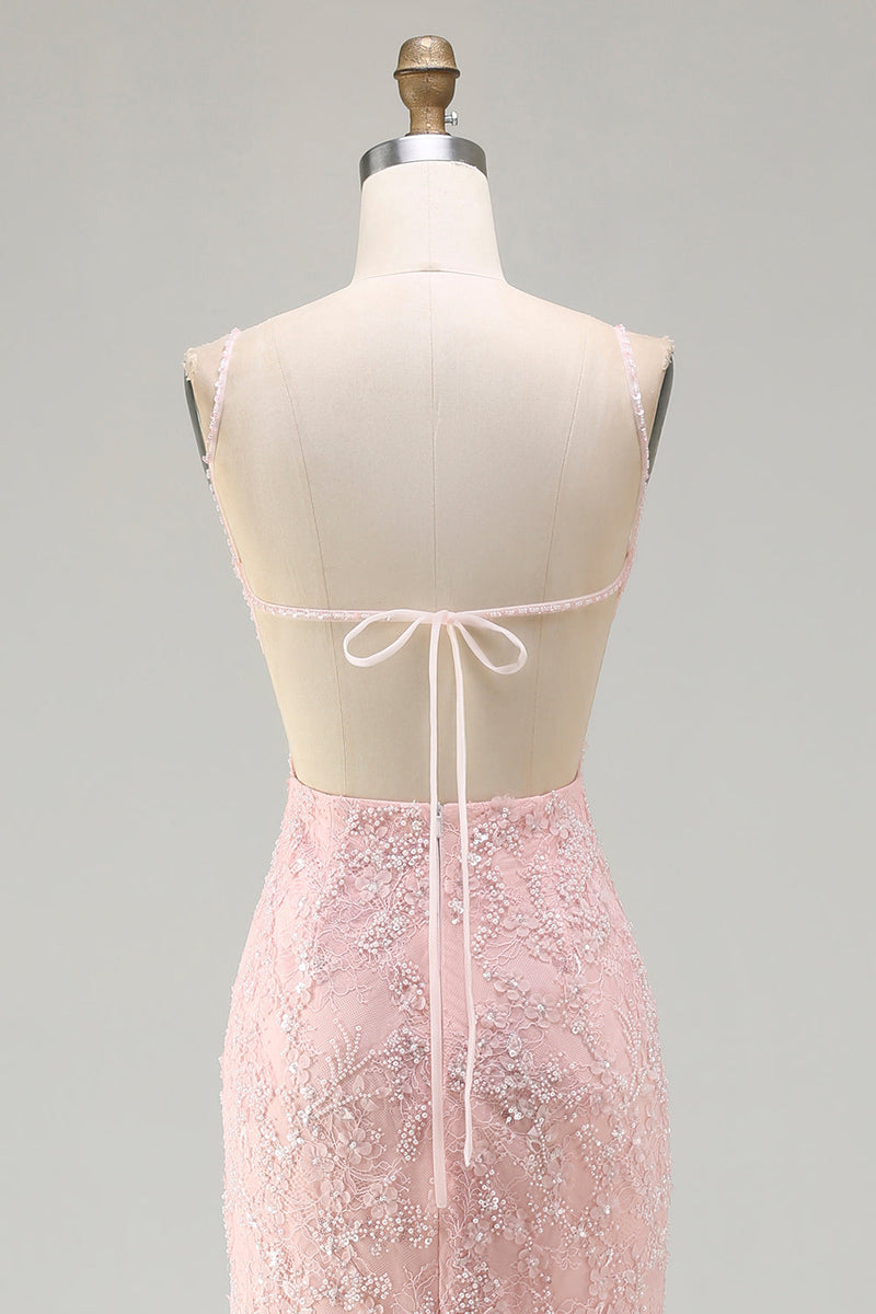 Load image into Gallery viewer, Sparkly Floral Pink Mermaid Long Beaded Prom Dress with Slit