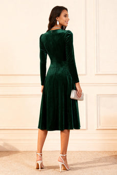 Dark Green Velvet A Line Midi Glitter Holiday Party Dress with Sleeves