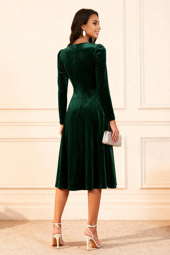 Dark Green Velvet A Line Midi Glitter Holiday Party Dress with Sleeves