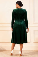 Load image into Gallery viewer, Dark Green Velvet A Line Midi Glitter Holiday Party Dress with Sleeves