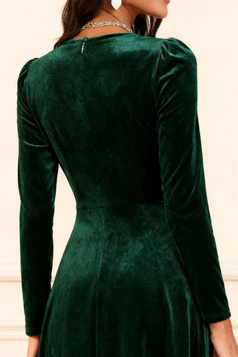 Dark Green Velvet A Line Midi Glitter Holiday Party Dress with Sleeves
