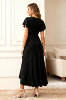 Load image into Gallery viewer, Glitter Black Round Neck Midi Holiday Party Dress with Sleeves