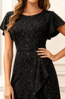 Load image into Gallery viewer, Glitter Black Round Neck Midi Holiday Party Dress with Sleeves