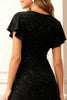 Load image into Gallery viewer, Glitter Black Round Neck Midi Holiday Party Dress with Sleeves