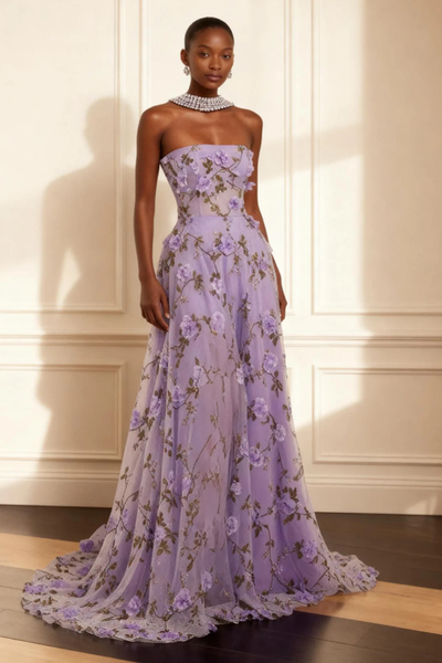 Purple A Line Strapless Floral Corset Long Prom Dress