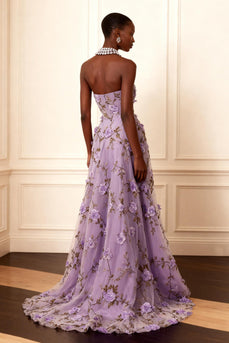 Purple A Line Strapless Floral Corset Long Prom Dress