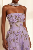 Load image into Gallery viewer, Purple A Line Strapless Floral Corset Long Prom Dress