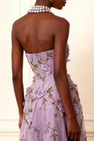 Load image into Gallery viewer, Purple A Line Strapless Floral Corset Long Prom Dress