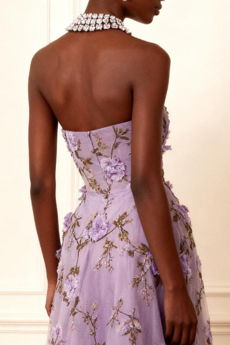Load image into Gallery viewer, Purple A Line Strapless Floral Corset Long Prom Dress