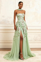 Load image into Gallery viewer, Floral Dusty Sage A Line Tulle Neck Scarf Long Prom Dress with Slit