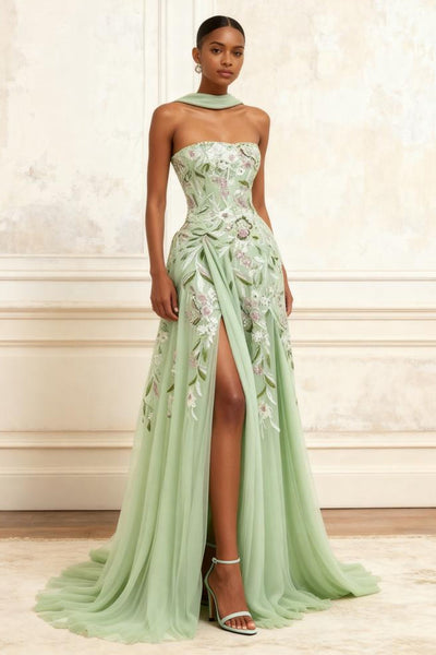 Floral Dusty Sage A Line Tulle Neck Scarf Long Prom Dress with Slit