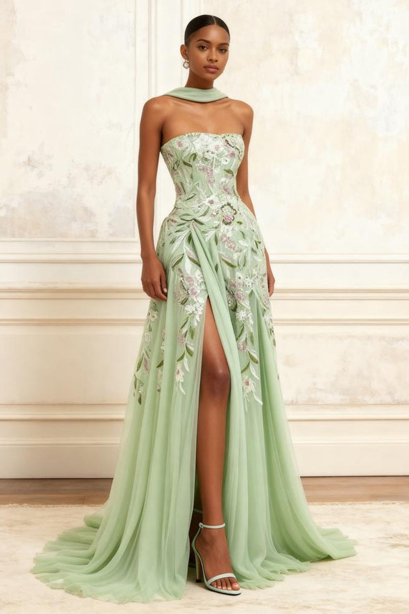 Load image into Gallery viewer, Floral Dusty Sage A Line Tulle Neck Scarf Long Prom Dress with Slit