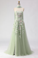 Load image into Gallery viewer, Floral Dusty Sage A Line Neck Scarf Tulle Long Prom Dress with Slit
