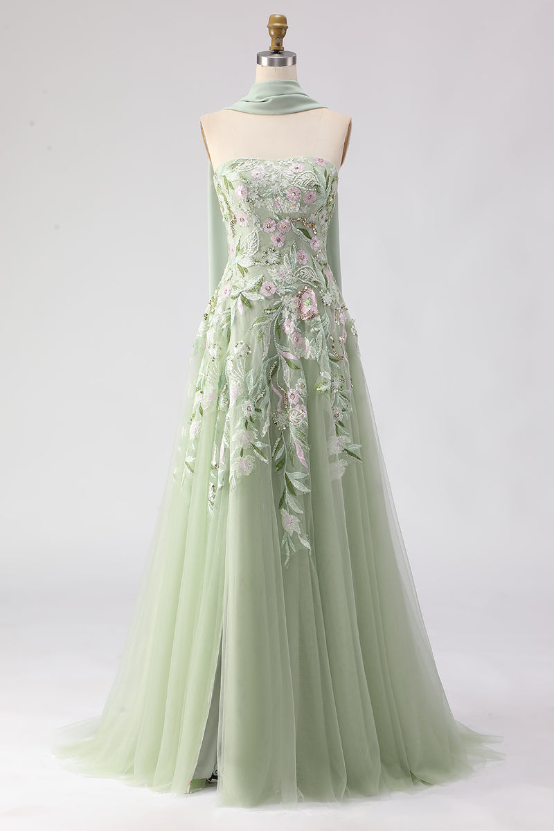 Load image into Gallery viewer, Floral Dusty Sage A Line Neck Scarf Tulle Long Prom Dress with Slit