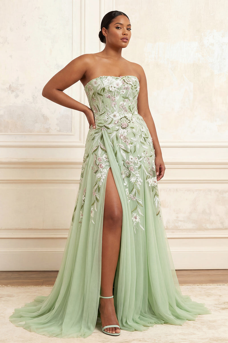 Load image into Gallery viewer, Floral Dusty Sage A Line Tulle Neck Scarf Long Prom Dress with Slit