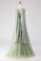 Load image into Gallery viewer, Floral Dusty Sage A Line Neck Scarf Tulle Long Prom Dress with Slit