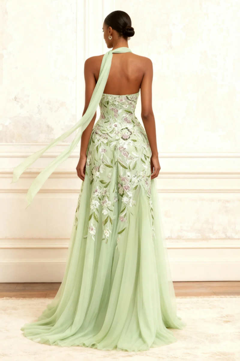 Queendancer Women Floral Dusty Sage Long Prom Dress with Slit Tulle A ...