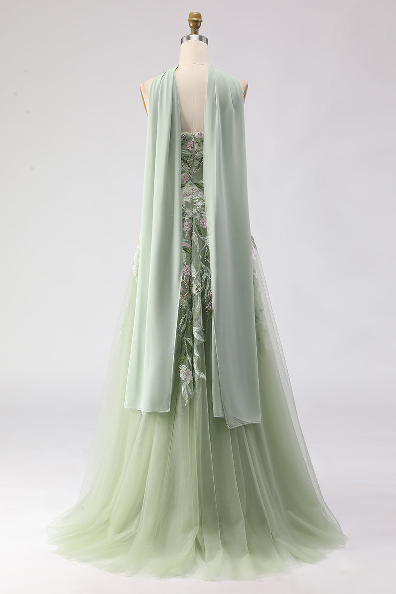 Load image into Gallery viewer, Floral Dusty Sage A Line Neck Scarf Tulle Long Prom Dress with Slit