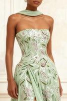 Load image into Gallery viewer, Floral Dusty Sage A Line Tulle Neck Scarf Long Prom Dress with Slit