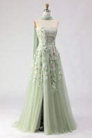 Load image into Gallery viewer, Floral Dusty Sage A Line Neck Scarf Tulle Long Prom Dress with Slit