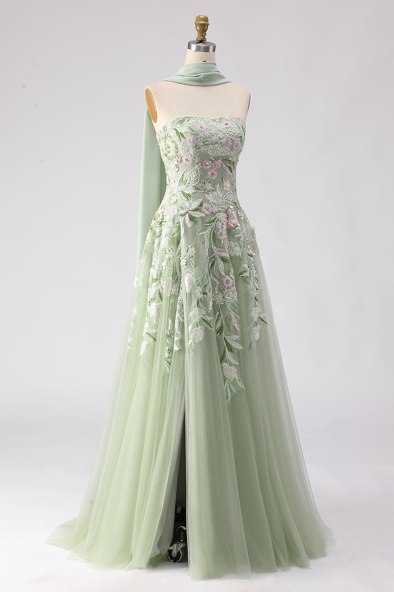 Load image into Gallery viewer, Floral Dusty Sage A Line Neck Scarf Tulle Long Prom Dress with Slit