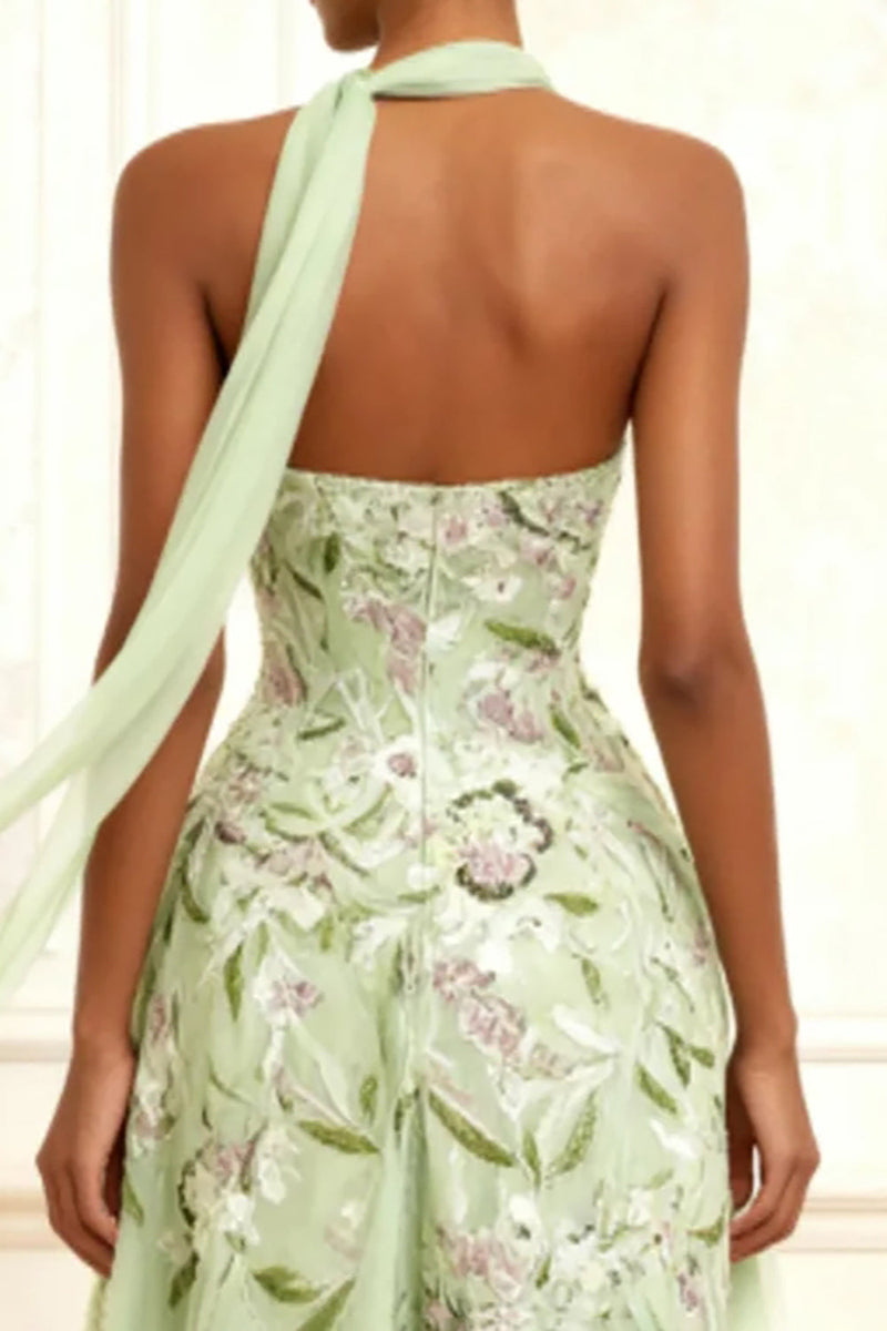 Load image into Gallery viewer, Floral Dusty Sage A Line Tulle Neck Scarf Long Prom Dress with Slit