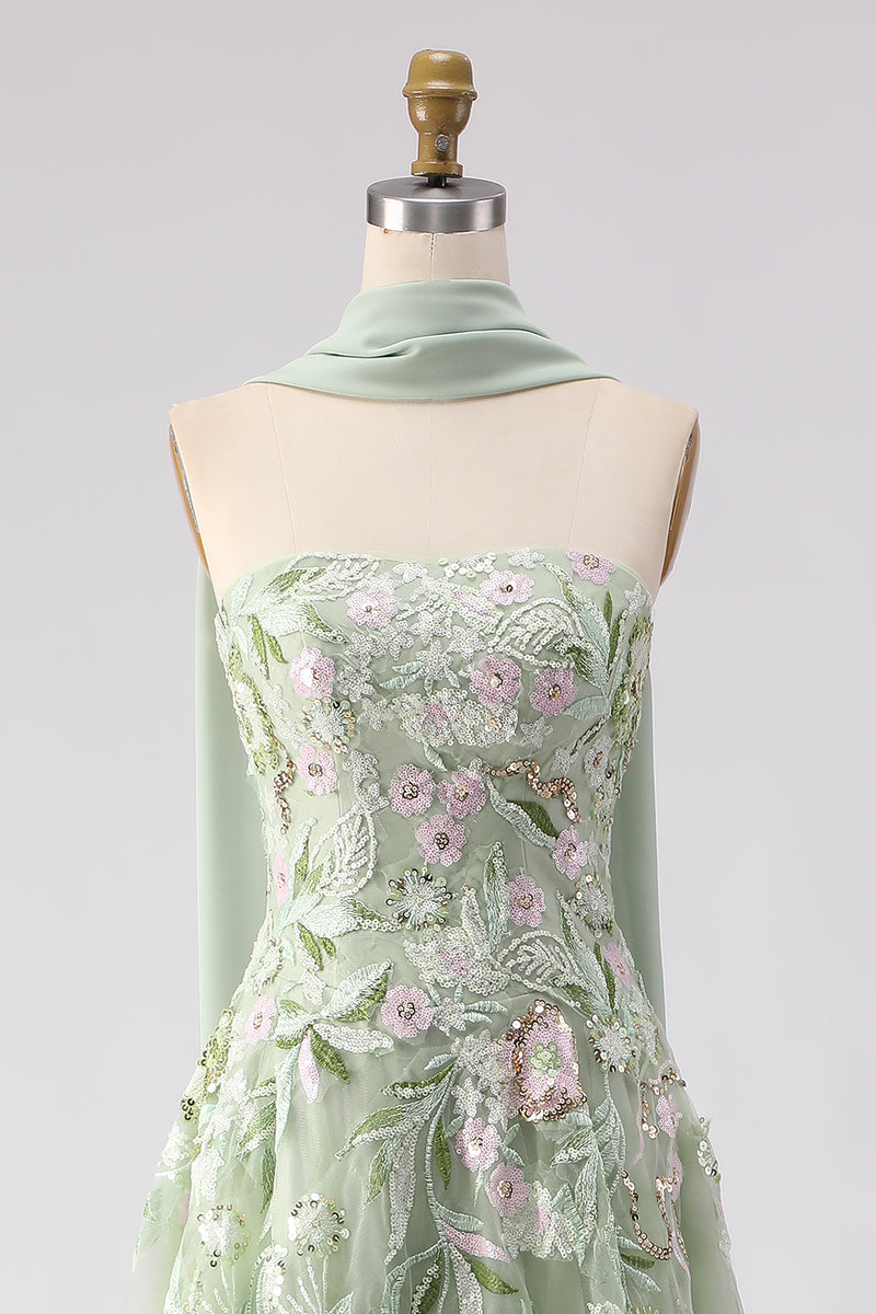 Load image into Gallery viewer, Floral Dusty Sage A Line Neck Scarf Tulle Long Prom Dress with Slit