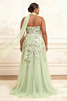 Load image into Gallery viewer, Floral Dusty Sage A Line Tulle Neck Scarf Long Prom Dress with Slit