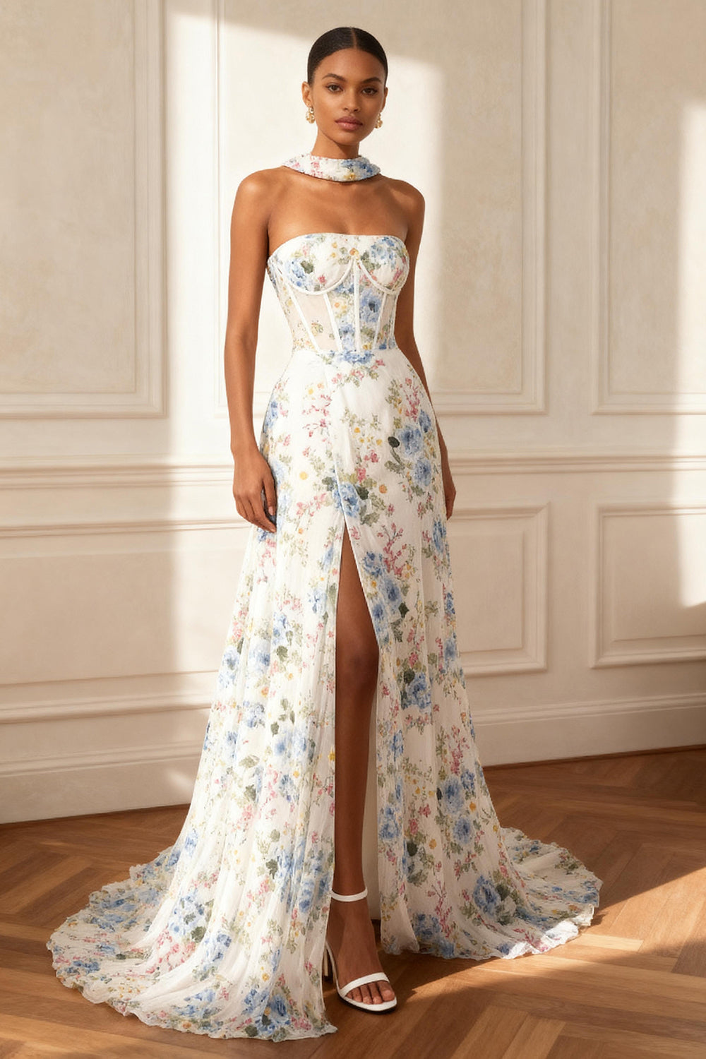 White Floral A Line Neck Scarf Long Corset Prom Dress with Slit