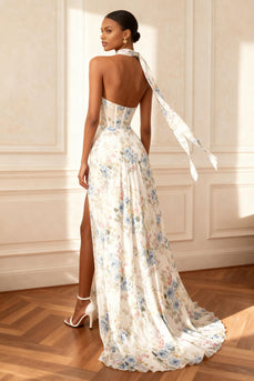 White Floral A Line Neck Scarf Long Corset Prom Dress with Slit