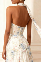Load image into Gallery viewer, White Floral A Line Neck Scarf Long Corset Prom Dress with Slit