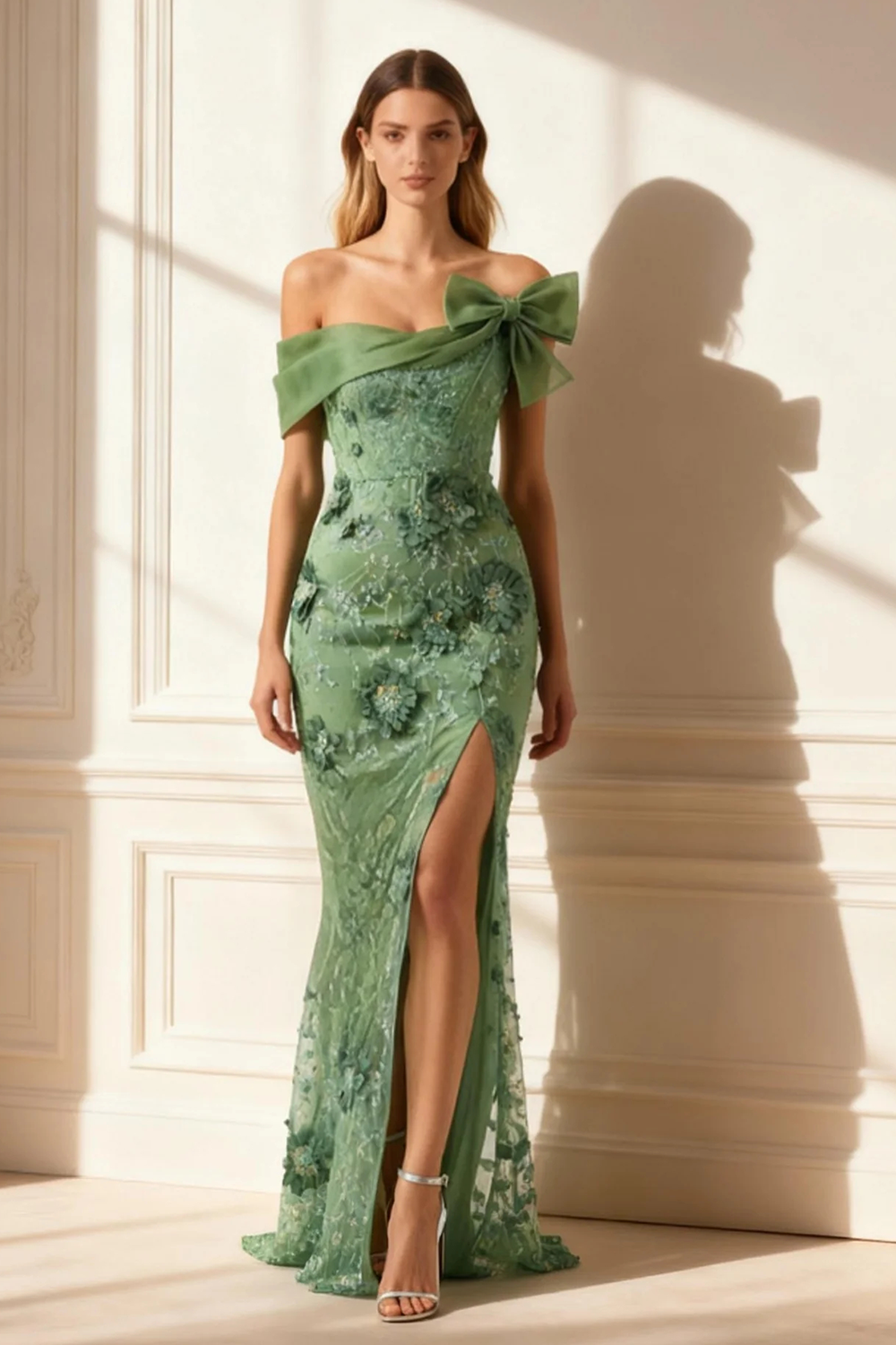 Floral Eucalyptus Off The Shoulder Mermaid Long Prom Dress with Slit