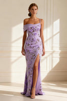 Load image into Gallery viewer, Floral Purple Spaghetti Straps Mermaid Long Prom Dress with Slit