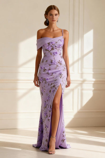 Floral Purple Spaghetti Straps Mermaid Long Prom Dress with Slit