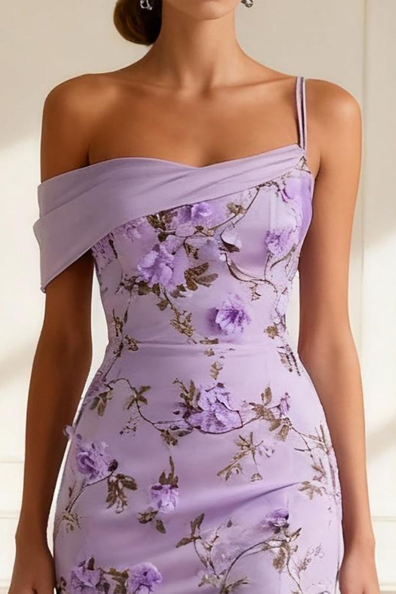 Load image into Gallery viewer, Floral Purple Spaghetti Straps Mermaid Long Prom Dress with Slit