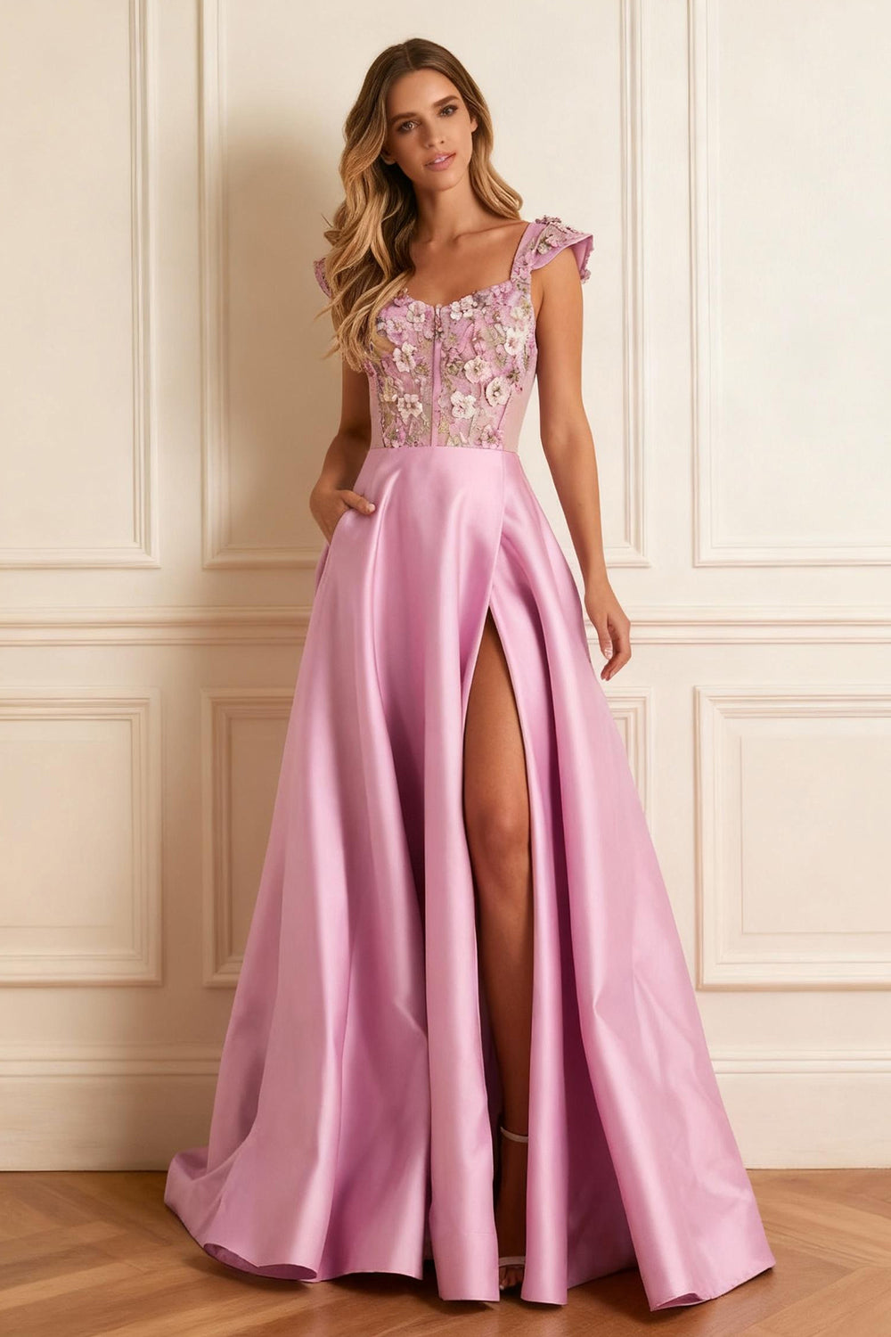 Floral Candy Pink A Line Satin Long Corset Prom Dress with Slit