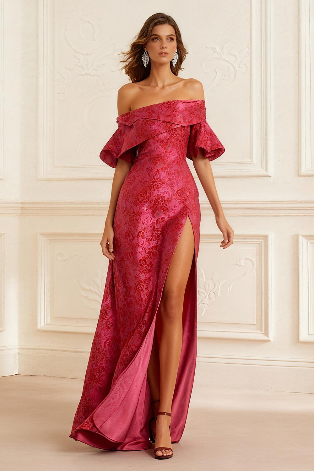 Rust Sheath Off the Shoulder Jacquard Long Prom Dress with Slit
