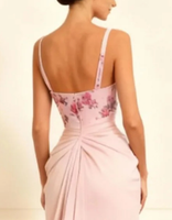 Load image into Gallery viewer, Floral Dusty Rose Sheath Ruched Satin Long Prom Dress with Slit