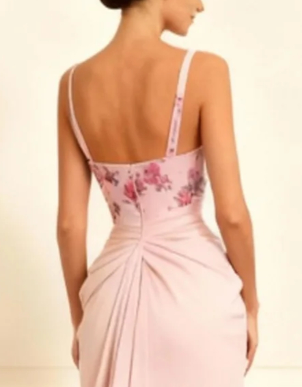 Load image into Gallery viewer, Floral Dusty Rose Sheath Ruched Satin Long Prom Dress with Slit