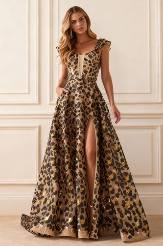 Sparkly Khaki Leopard Corset A Line Long Prom Dress with Slit