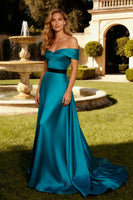 Load image into Gallery viewer, Peacock Blue A Line Off the Shoulder Maxi Formal Dress