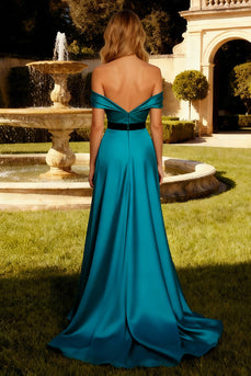 Peacock Blue A Line Off the Shoulder Maxi Formal Dress