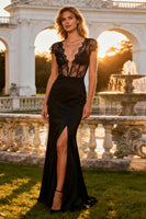 Load image into Gallery viewer, Black V Neck Mermaid Long Corset Prom Dress with Slit