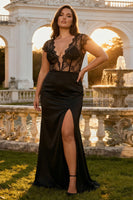 Load image into Gallery viewer, Black V Neck Plus Size Corset Mermaid Long Prom Dress with Slit