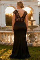 Load image into Gallery viewer, Black V Neck Plus Size Corset Mermaid Long Prom Dress with Slit