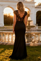 Load image into Gallery viewer, Black V Neck Mermaid Long Corset Prom Dress with Slit